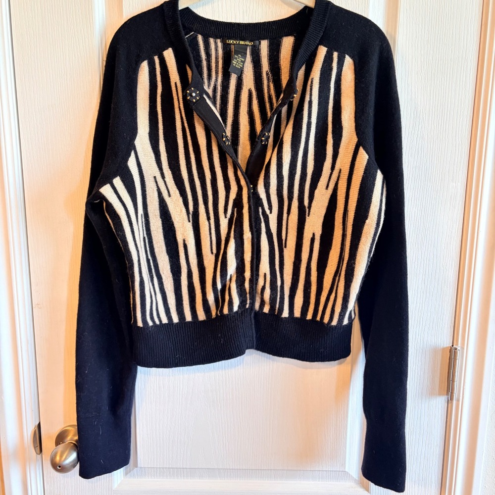 Lucky Brand Zebra Print Lambswool Blend Cardigan Sweater XL Black Cream Goth
